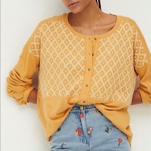 Free People Yellow Free Spirit Tee Embroidered Tunic Long Sleeves Henley Neck